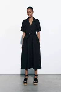 BNWT Zara Black Linen Belted Dress Size Large UK 12 - Picture 1 of 7