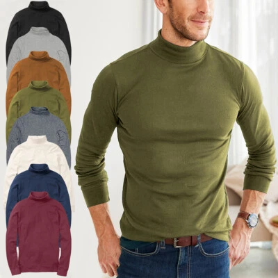 Mens Long Sleeve T shirt Turtle Neck Plain Casual Rib Funnel Winter Top M to 3XL - Image 1 of 4