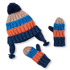 Children's Place Toddler Boys Striped Knit Pom Hat & Mitten Set - 12 to 24 mo - Picture 1 of 1