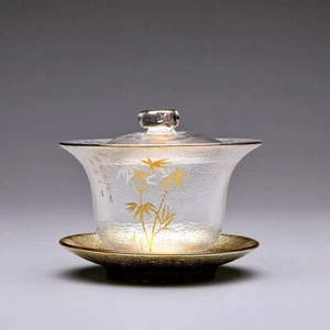 200ml clear gaiwan glass tureen floral relief print covered bowl cup saucer mat - Picture 1 of 20
