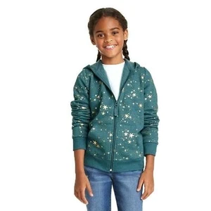 Girls' Stars Printed Zip-Up Fleece Hoodie - Cat & Jack Dark Teal Green (Extra - Picture 1 of 4