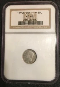 1894A VENEZUELA 1/4 Bolivar Silver Coin NGC XF45 - Picture 1 of 4