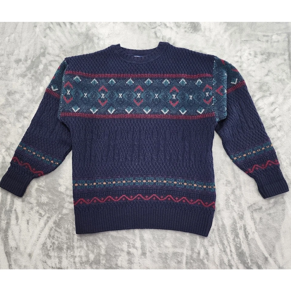 Vintage 70s Pendleton Wool Crew Neck Pullover Sweater Size L Navy Blue Fair Isle - Image 1 of 4