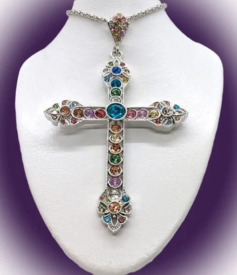 Collar Cruz Cristal Multicolor Colorido Elegante Betsey Johnson Grande y Hermoso Foto 1 de 4