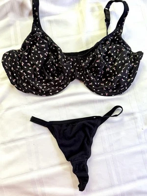 Nuevo sin etiquetas Sujetador Rosas Cobertura Completa UW Cool Algodón Forrado Copa 40DD + Tanga Negro Rosa L Foto 1 de 4