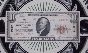 1929 $10 NB Kentucky National Currency *HUSTONVILLE* KY Ch#2917 A000215 Type 2 - Picture 1 of 5