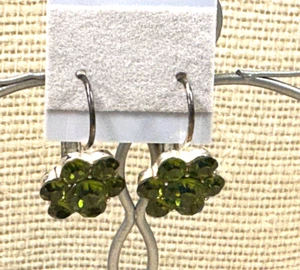 Fashion Earrings Olive Green Rhinestone Flower Silver Tone Pierced Drop Lot 95 - Picture 1 of 2