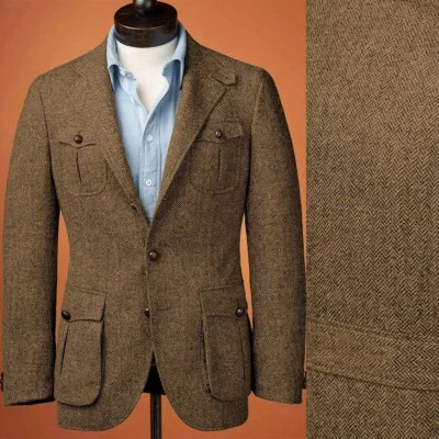 Jaquetas masculinas Herringbone ajuste regular mistura de lã entalhe lapela blazer formatura empresarial - Imagem 1 de 4