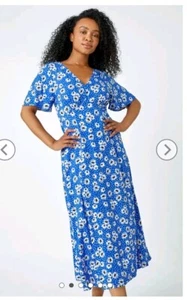 Roman Petite Flute Sleeve Dress Blue Mix Daisy Print 16 NWT - Picture 1 of 8