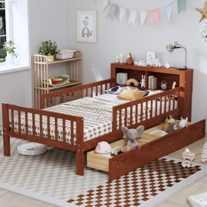 Twin Size Bed with Headboard Rack, Two Under-Bed Drawers, Three-Side Guardrails - Picture 1 of 72