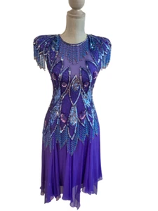 Vtg 80’s AJ Bari PetiteDress Size 4 Heavily Beaded Sequins Royal BluPurple Silk - Picture 1 of 17