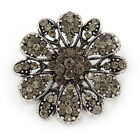 Vintage Inspired Grey Crystal Floral Brooch In Aged Silver Tone - 43mm D