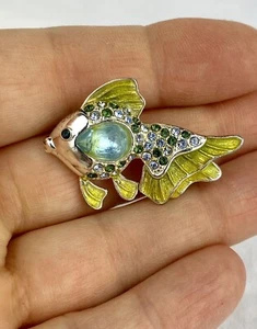 Monet Goldfish Angel Fish Brooch Aqua Blue Rhinestones Jelly Belly Green Enamel - Picture 1 of 5