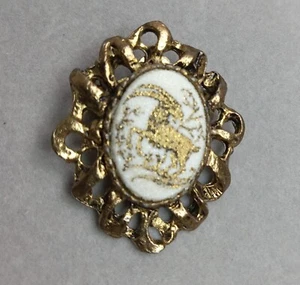Vintage Capricorn Goat Brooch White & Gold Tone Embroidery & Victorian Style - Picture 1 of 7