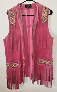 PATRICIA WOLF Hand-painted long fringe suede vest pink beaded native western M - Picture 1 of 15