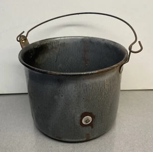 Vintage Small Grey Enamelware Graniteware Pot Berry Bucket With Handle - Picture 1 of 15