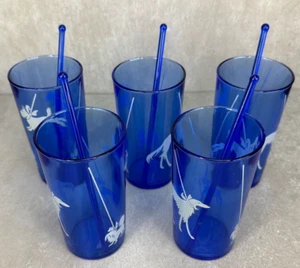 RARE Vintage Hazel Atlas Cobalt Blue Glasses Borzoi Scottie Show Dogs 1930s Set - Picture 1 of 23