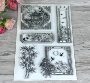Asain Hof Kunstwerk Pagode Handwerk Gummistempel Stempel Vögel Bambus Basteln - Bild 1 von 3