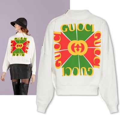 GUCCI SWEATSHIRT VINTAGE LOGO WHITE COTTON CROPPED FIT MOCKNECK TOP $1,200 XXS - Image 1 of 4