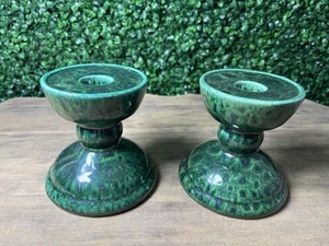 2 Piece Gail Pittman Studio Pottery Candle Holder Green Glazed Signed 5” - Picture 1 of 6