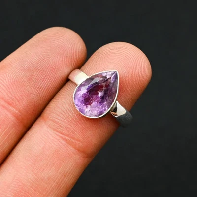 Faceted Pear Amethyst Ring 925 Sterling Silver Sleek Handmade ring Gift for Her - Image 1 of 4