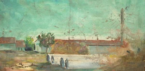 ANTIQUE OIL PAINTING IMPRESSIONIST RURAL LANDSCAPE HOUSES - Picture 1 of 12