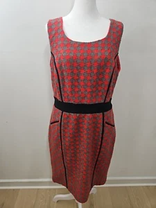 Women's Vintage Houndstooth Midi Sleeveless Dress Red Gray Size 14 - Picture 1 of 9