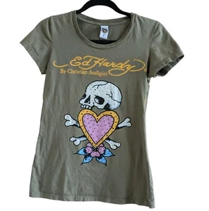 (Sz Small) Ed Hardy Christian Audigier Skull Heart Rhinestone T Shirt Goth Punk - Picture 1 of 5