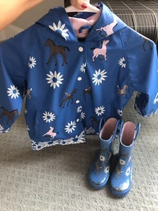 Unisex Foxfire Size 3T Rain Jacket W Hood Size 8 Kid Rain Boot Set Blue W Horse - Picture 1 of 9
