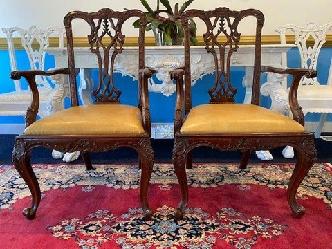RARE Pair 2 EUC Antique Handmade French Chippendale Armchairs New Leather Chairs Cover