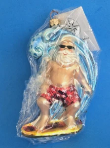 Radko Surfing Santa Ornament beschädigt mit Orig Tag QVC "Catch The Wave", rote Shorts - Bild 1 von 11
