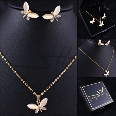 Schmuckset Kette Ohrhänger Schmetterling Gold im Etui, Weihnachtsgeschenk - Bild 1 von 4