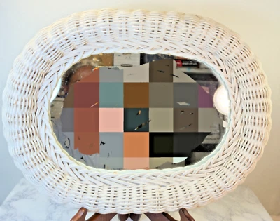 Vintage Rattan Wicker Wall Mirror 16x12 white Boho Cottage Oval Retro MCM - Image 1 of 4