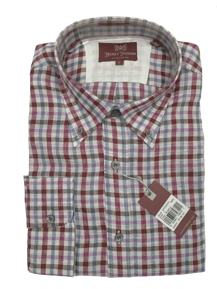 全新 $145 Hickey Freeman 亚麻 Buttondown 衬衫! 小号白色蓝色和紫色格子 — 第 1/1 张图片