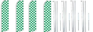 Green & White Checkered Swooper Flag With Complete Hybrid Pole set- 4 pack - Picture 1 of 1