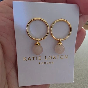Katie Loxton London Gold Hoop Earrings with Rose Quartz Stone Dangle - Picture 1 of 3