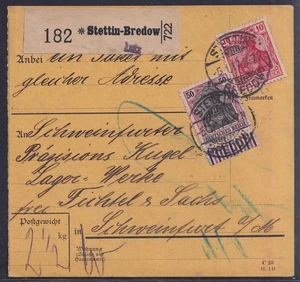76023) WALZEN-DRUCK Unterrand Mi.-Nr. 91 auf Paketkarte STETTIN-BREDOW - Bild 1 von 3