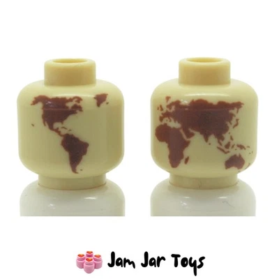 LEGO Minifigure Heads 2x NEW Tan with Reddish Brown World Map Print Pieces A39 - Image 1 of 4