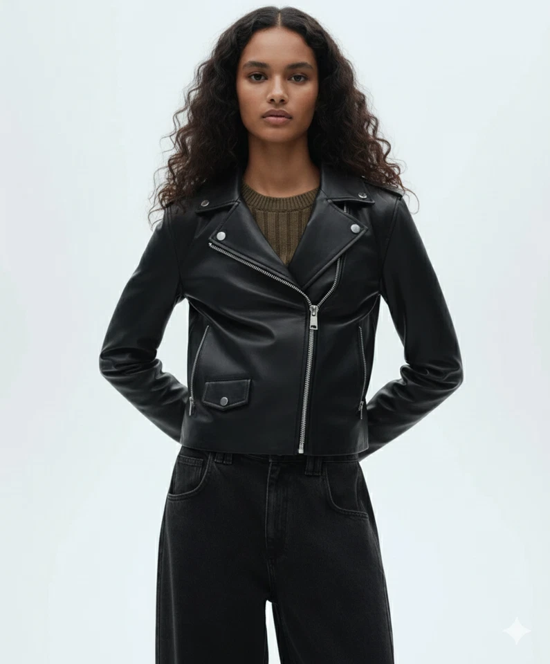 Chaqueta Negra Genuina Para Mujer Cuero Hecha a Mano Informal Piel de Cordero Elegante Motocicleta Foto 1 de 4