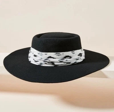 Anthropologie G Viteri Atacama 羊毛船牧场主帽子 89 美元黑色白色装饰 — 第 1/4 张图片