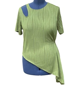 Boho Textured Squiggly Asymmetrical Top Women's XL Lime Green Cut-Out Keyhole - Picture 1 of 19
