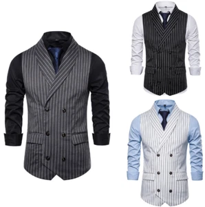 Striped Men's Suits Vest Shawl Lapel Formal Business Wedding Groom Waistcoats - Picture 1 of 8