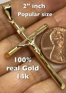 GOLd Cross Pendant Jesus 14k cruz crucifix colgante necklace inri gift 2" inch - Picture 1 of 14