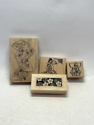 Juego de 4 sellos de goma con montaje en madera de flores para abanicos orientales, kimono, geisha, flores Foto 1 de 4