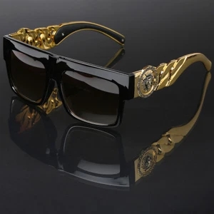 Quadratische flache Sonnenbrille gekrönter Löwenkopf-Medaillon-Sonnenbrille Hip Hop Retro Kleo-Farbtöne - Bild 1 von 10