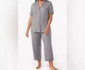 NEW Joyspun Pajama Set Womens 3X Gray 2-pc Capri Purple Trim Button Down - Picture 1 of 16