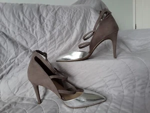 M&S Taupe Suede & Gold Faux Leather High Heel Strappy Court Shoes UK7/EU41 - Picture 1 of 7