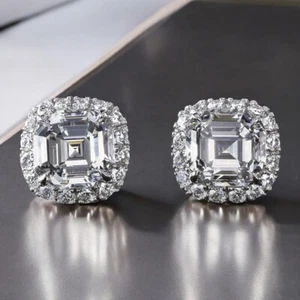 Womens 4.00 Ct Asscher Cut IGI Lab Created Diamond Stud Earrings 18K White Gold - Picture 1 of 7
