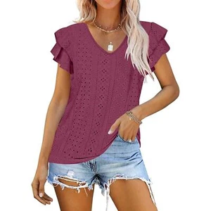 Kikula Women's V Neck T Shirt Summer Hollow Casual Ruffle Sleeve Tops Blouse Red - Picture 1 of 5