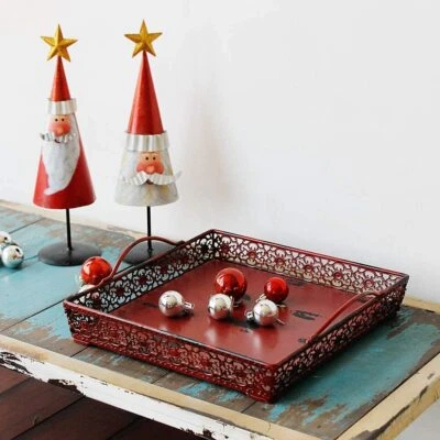 Antique Metal Wood Artisanal Square Metal Serving Tray with 2 Handles  - Image 1 of 4